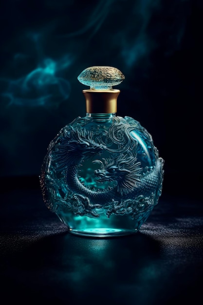 Una bottiglia di liquido blu con un drago sul davanti.
