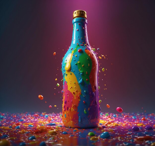 una bottiglia di liquido colorato è su un tavolo con confetti su di esso