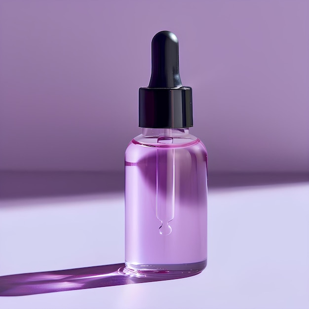 Una bottiglia di liquido con un gocciolino su un tavolo con un'ombra su di esso e uno sfondo viola