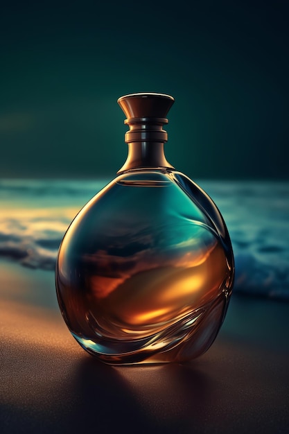 Una bottiglia di liquido con un liquido blu e arancione sullo sfondo dell'oceano.
