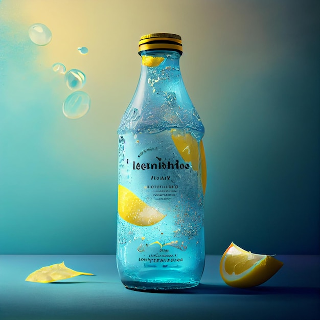 Una bottiglia di liquido con una fetta di limone sul lato.