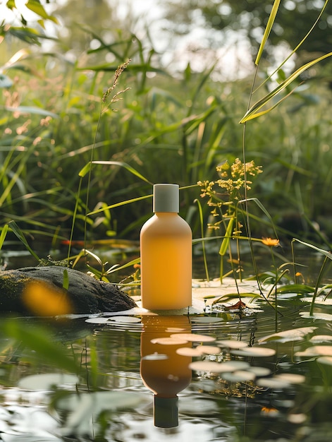 Una bottiglia di liquido seduto in acqua vicino a una roccia e erba area con gigli d'acqua nel