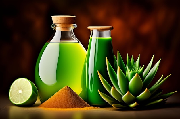 Una bottiglia di liquido verde con coperchio in legno e una bottiglia verde di aloe vera.