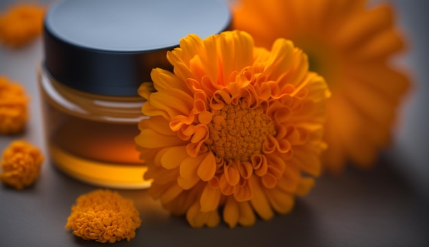 Una bottiglia di miele con accanto un fiore giallo