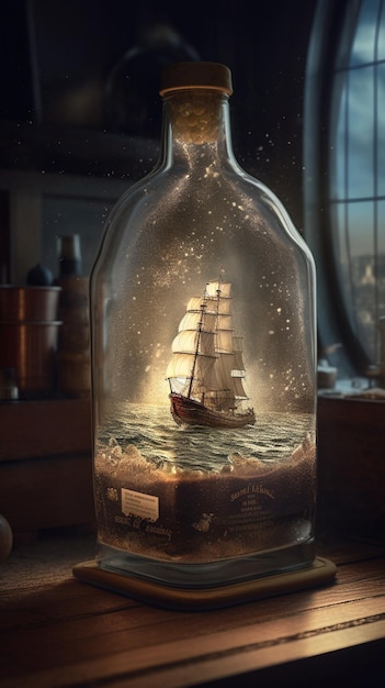 Una bottiglia di nave in una bottiglia che dice "la nave è dentro"