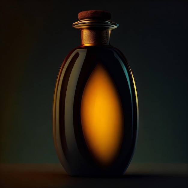 Una bottiglia di olio con sfondo scuro sul tavolo