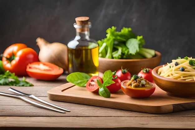 Una bottiglia di olio d'oliva accanto a pomodori e lattuga.