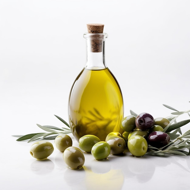 Una bottiglia di olio d'oliva accanto a un mazzetto di olive e olive.