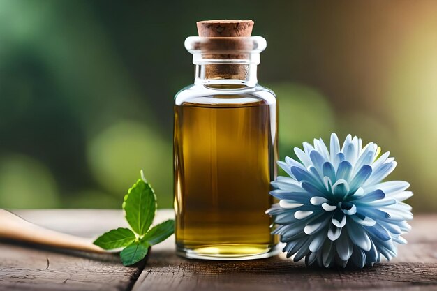 una bottiglia di olio d'oliva con un fiore blu sullo sfondo.