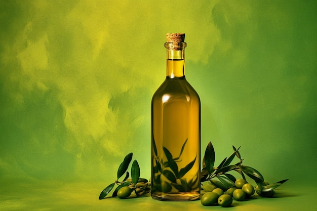 Una bottiglia di olio d'oliva con uno sfondo verde