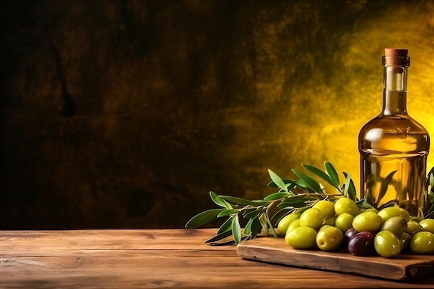 una bottiglia di olio d'oliva e alcune olive su un tavolo di legno