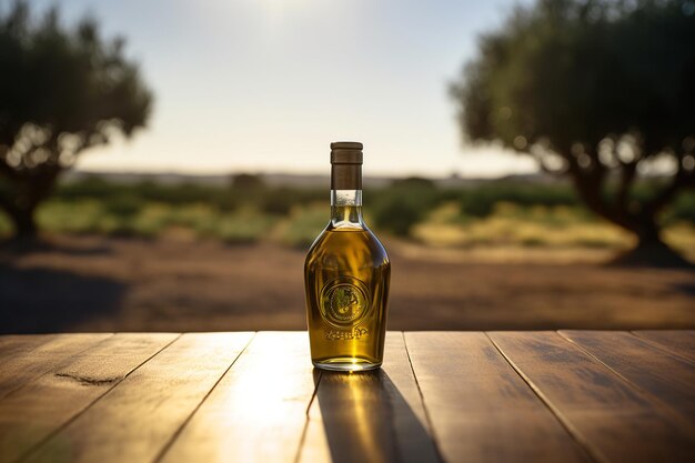 Una bottiglia di olio d'oliva si trova su un tavolo all'aperto con vista sul vigneto sullo sfondo.