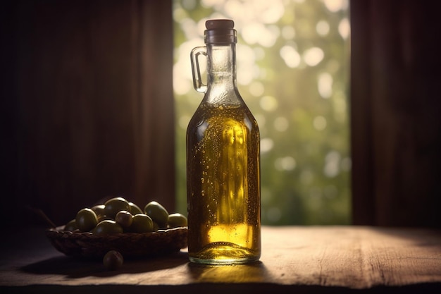 Una bottiglia di olio d'oliva si trova su un tavolo di legno accanto a una ciotola di noci.