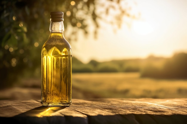 Una bottiglia di olio d'oliva si trova su un tavolo di legno davanti a un albero.