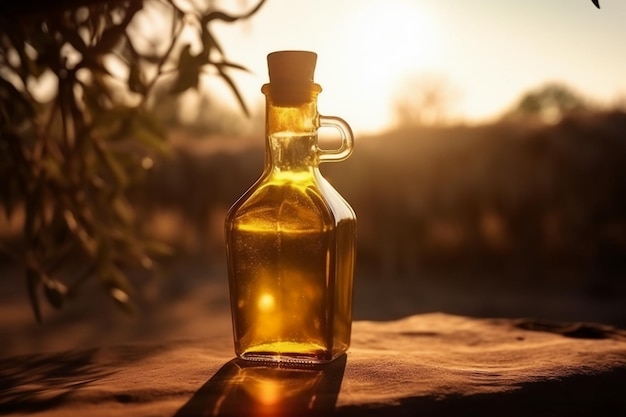 Una bottiglia di olio d'oliva si trova su una roccia nel deserto.