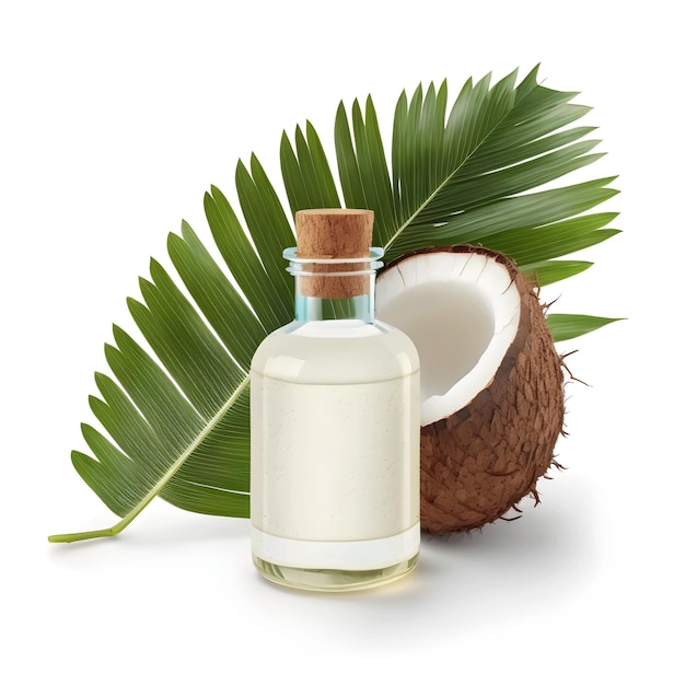 Una bottiglia di olio di cocco accanto a una foglia di palma da cocco.
