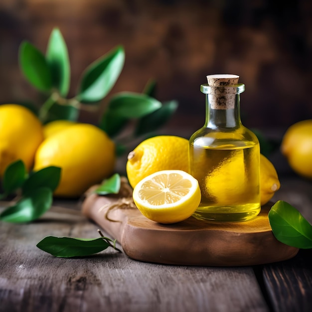 Una bottiglia di olio di limone con pochi limoni su un tavolo di legno