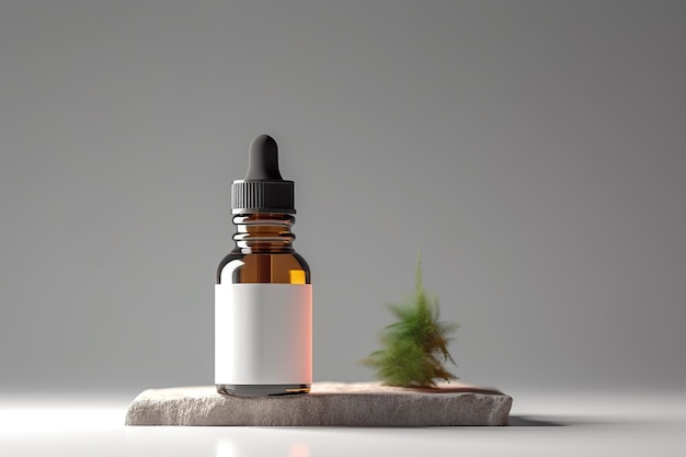 Una bottiglia di olio essenziale accanto a una piccola pianta Immagine di intelligenza artificiale generativa