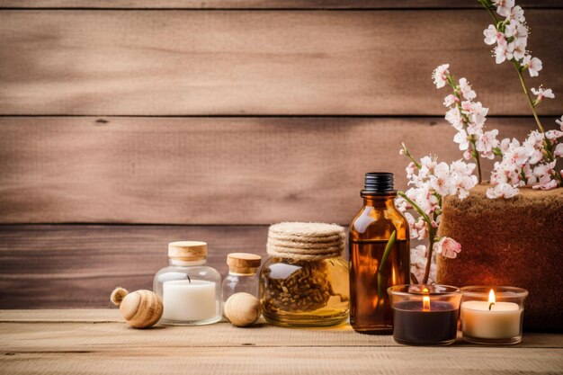 Una bottiglia di olio essenziale con fiori su un tavolo di legno