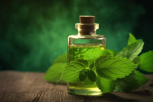 Una bottiglia di olio essenziale di menta con una foglia verde