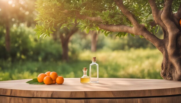 una bottiglia di olio si siede su un tavolo con le arance