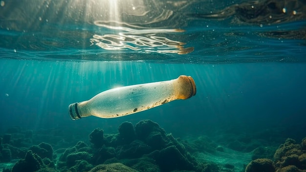 Una bottiglia di plastica che galleggia nell'oceano