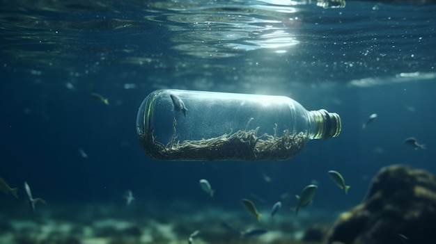 Una bottiglia di plastica gettata in acqua IA generativa