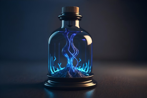 Una bottiglia di pozione magica con un liquido blu dentro.