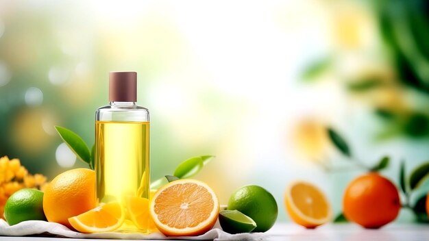 Una bottiglia di prodotto cosmetico circondata da arance, limoni e lime