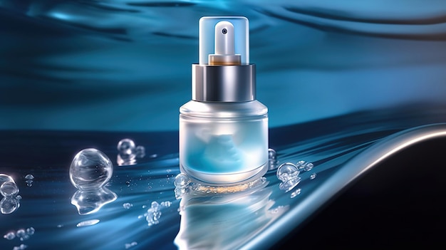 Una bottiglia di prodotto per la cura della pelle con una bottiglia trasparente di liquido su sfondo blu.