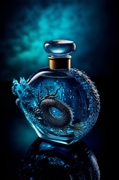 Una bottiglia di profumo blu con un drago sul davanti.