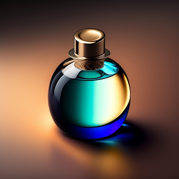 Una bottiglia di profumo blu con un'etichetta oro e blu.