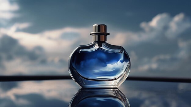 Una bottiglia di profumo blu si trova su una superficie a specchio che riflette il cielo con le nuvole