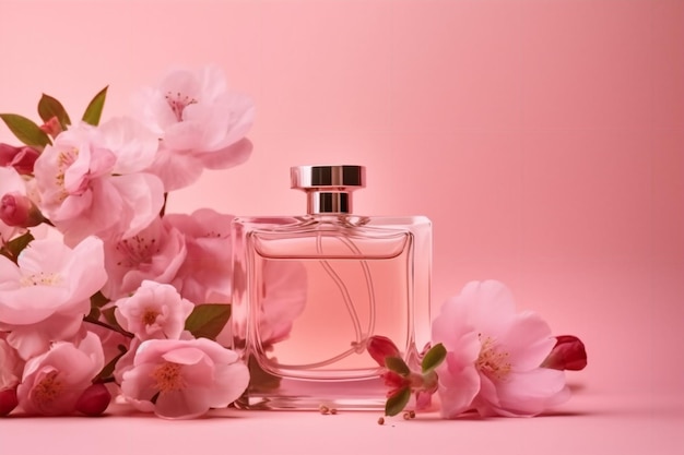 Una bottiglia di profumo con fiori rosa su sfondo rosa.