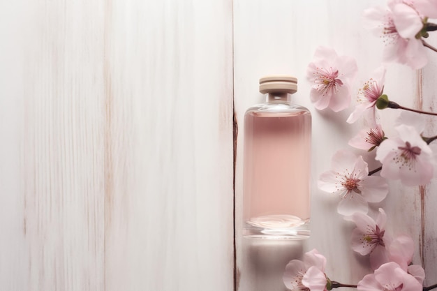 Una bottiglia di profumo con fiori rosa su un tavolo di legno bianco