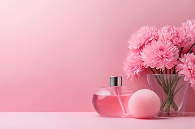 Una bottiglia di profumo con fiori su sfondo rosa