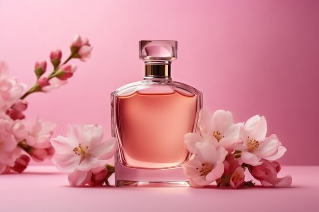 una bottiglia di profumo con fiori su sfondo rosa.