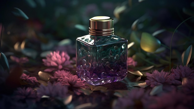 Una bottiglia di profumo con liquido viola su uno sfondo fiorito