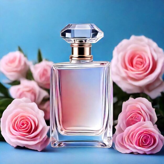 una bottiglia di profumo con rose rosa sullo sfondo