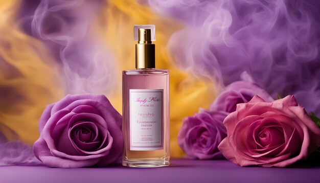 una bottiglia di profumo con rose viola sullo sfondo