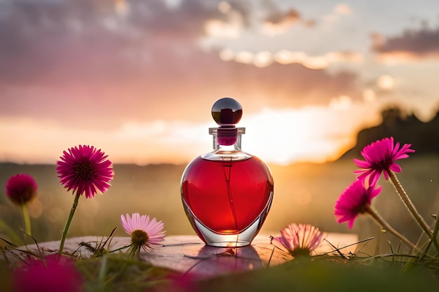 Una bottiglia di profumo con un tramonto sullo sfondo