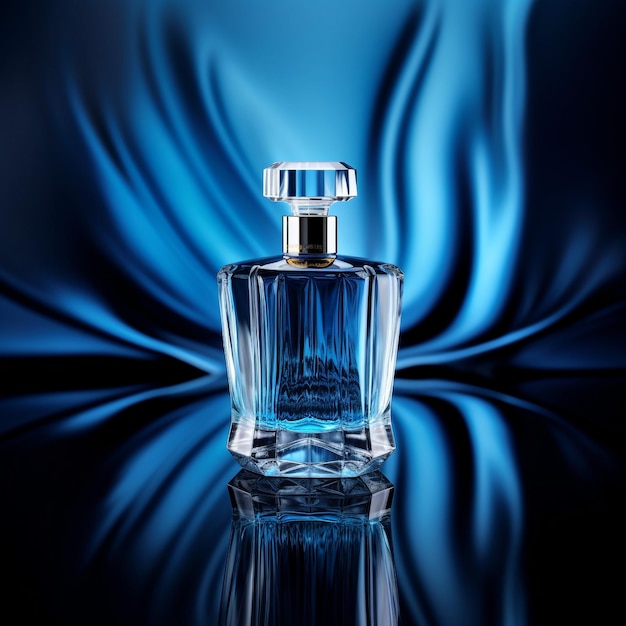 Una bottiglia di profumo con uno sfondo blu e la parola profumo sopra.
