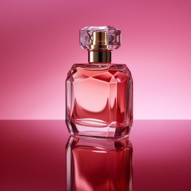 Una bottiglia di profumo con uno sfondo rosa e la parola profumo sopra.