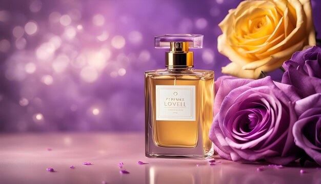una bottiglia di profumo con uno sfondo viola con un fiore al centro