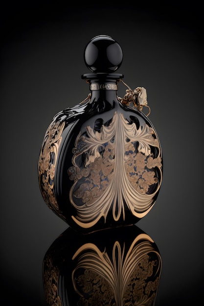 Una bottiglia di profumo da donna Eau de Parfum in bottiglia isolata su nero Fragranza per donna Profumo Spray Rete neurale arte generata
