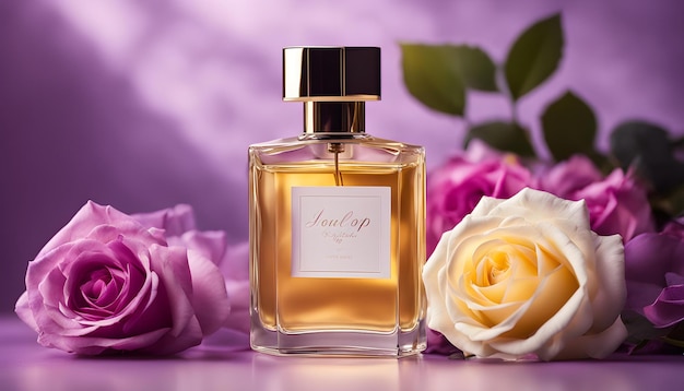 una bottiglia di profumo di chiffon con uno sfondo viola