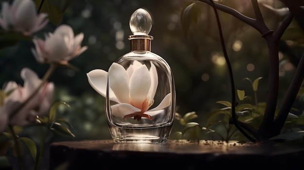 Una bottiglia di profumo di magnolia si trova su un tavolo davanti a una pianta.