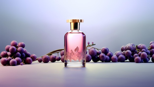 Una bottiglia di profumo in stile moderno con uva viola accanto a uno sfondo minimalista