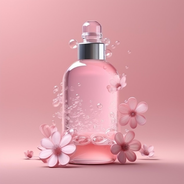 una bottiglia di profumo rosa con fiori sul fondo.
