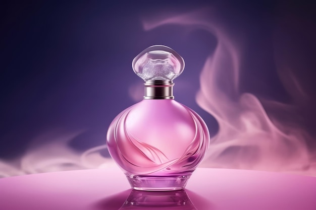 Una bottiglia di profumo rosa con una copertina rosa e la parola profumo sopra.